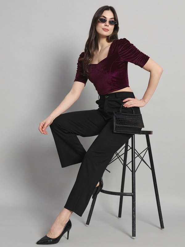 Vaararo Velvet Blouse Tops for Women | Party Puff Sleeves Readymade Outfit Wine XXX-Large