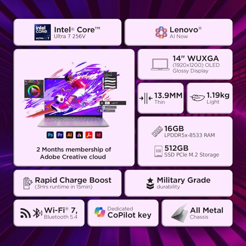 Lenovo Yoga Slim 7 Smartchoice Aura Edition Intel Evo Core Ultra 7 256V (16GB RAM/512GB SSD/14 (35.5cm)/WUXGA OLED/Copilot+ PC/Windows 11/MSO 365 Basic+Office 24/Seashell/1.19Kg), 83JX00H2IN AI Laptop