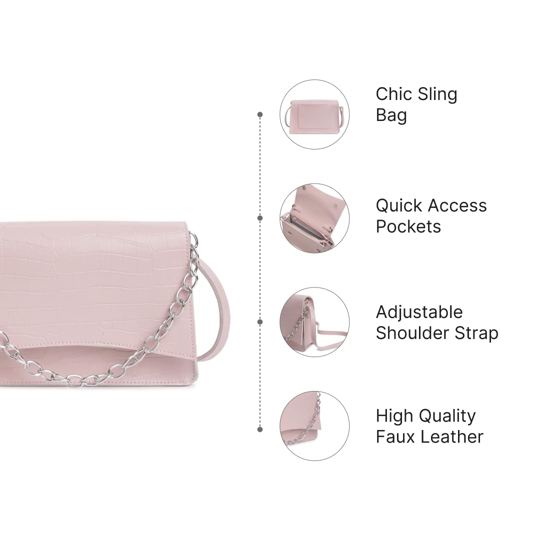 Fastrack Party Sling Bag for Women |Stylish and Structured Handbag for Girls, Ladies, Women | Textured Bag Made of faux Leather (pink)