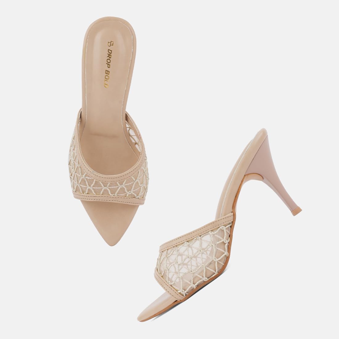 DROP BOLD Stylish Heels Women’s Beige Mesh Stiletto Sandals | Slip-On Party Heels for Girls & Women | Open Toe Fashion Mules