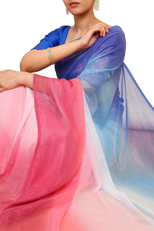 Soch Womens Blue Chiffon Ombre Print Saree With Tassels