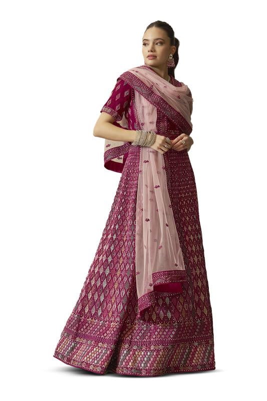 Soch Womens Wine Georgette Embroidered Unstitched Lehenga Set with Stone Embellishments