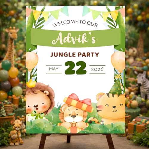 Party Perfect Designs Customized Jungle Theme Birthday Welcome Board for Kids | Safari Theme Party Decoration | Jungle Decor Welcome Sign | 3mm & 5mm Thick | Multiple Sizes & Multi Colour Designs Available (Jungle Orange)