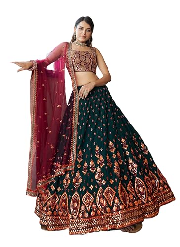 Anvruya Boutique Women's Faux Georgette Embroidery Lehenga Choli with Dupatta | Bridal Wedding Lehenga Choli for women (GREEN, FREE)