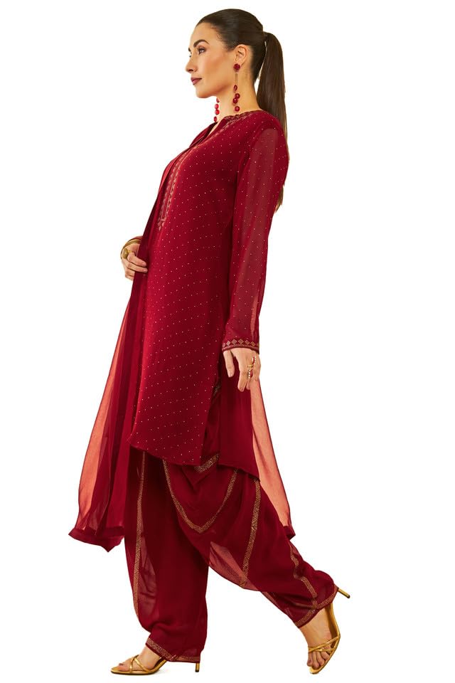 Soch Womens Red Georgette Stones Embellished Suit Set