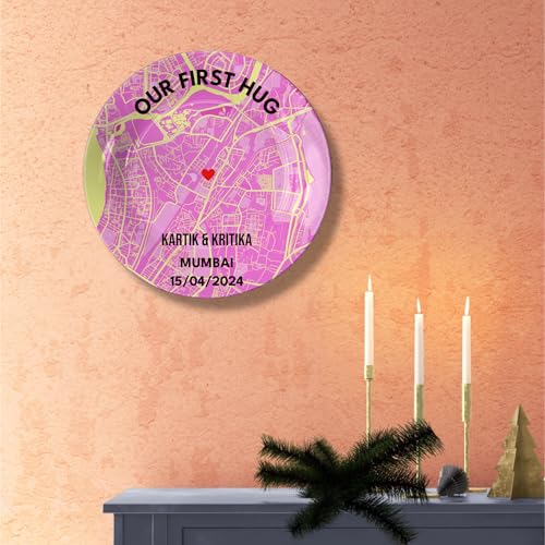 Telinchi Personalized First Hug Street Map Art Plate | Custom Mumbai City Map Decorative Plate with Names, Date & Heart Marker | Romantic Couple Keepsake Gift