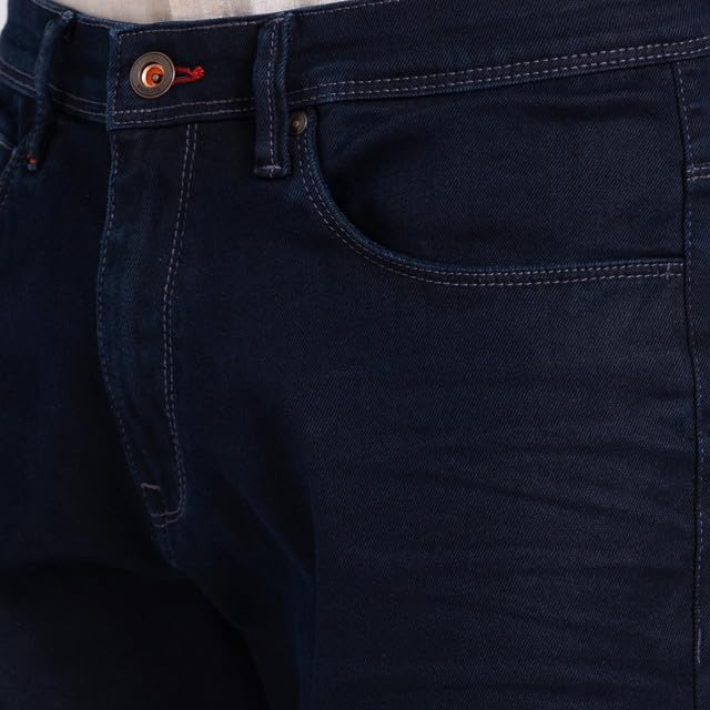 Raymond Men's Slim Fit Cotton Blend Solid Pattern Flat Front Jeans Blue