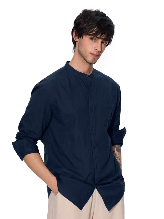 The Souled Store Navy Blue Men and Boys Long Sleeves Mandarian Collared Neck Button Front Regular Fit Cotton Linen Shirts