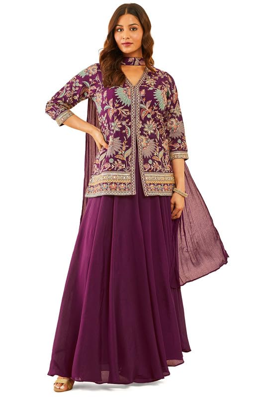 Soch Womens Wine Embroidered Chinon Sharara Suit with Dupatta