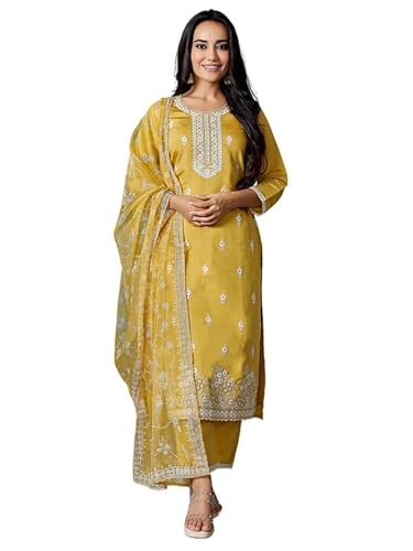 Royal Export Women's Chanderi Ethnic Motifs Embroidered Straight Kurta Pant with Dupatta, kurta sets for women-Yellow
