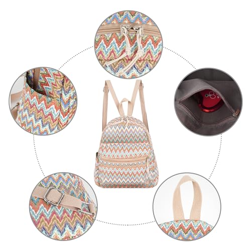 Meyaus Women Medium Straw Handmade Woven Backpack Casual Beach Daypack Shoulders Bag, Wave Pattern Orange, One Size, Daypack Backpacks