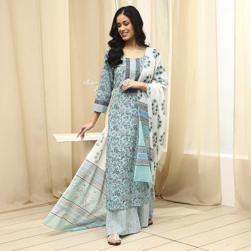 BIBA Women's Turquoise Cotton Hand Block Print Unstitched Suit Set