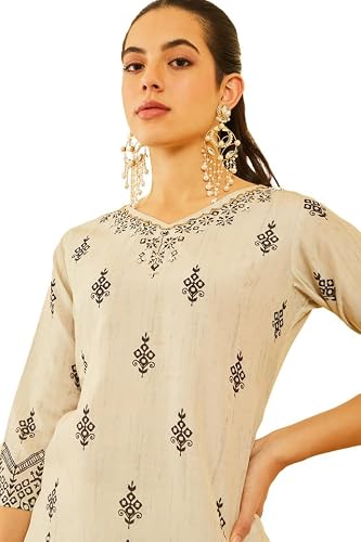 Soch Womens Beige Poly Muslin Floral Printed Kurta with Cutdana