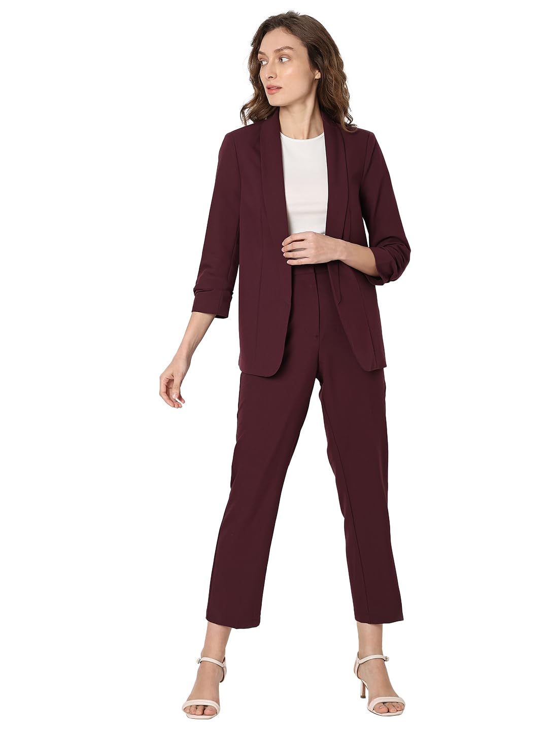VERO MODA Women Solid Maroon Relaxed Fit Single Breasted Blazer