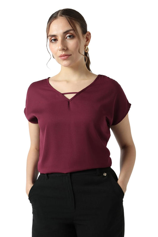 Women Maroon Solid Formal V Neck Top