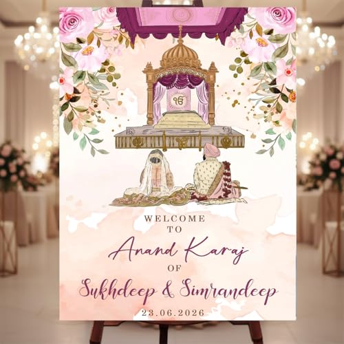 Party Perfect Designs Personalized Anand Karaj Welcome Board for Sikh Wedding Ceremony, Custom Name and Date Sign, 3mm/5mm Thickness, Premium Print, Multi Design Options (Blush Peach Pink)