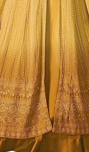RUDRAPRAYAG Anarkali Georgette and Santoon Maxi Gown for Women | Semi-Stitched Long Anarkali Gown | Gown in Clothing & Accessories (Mustard)
