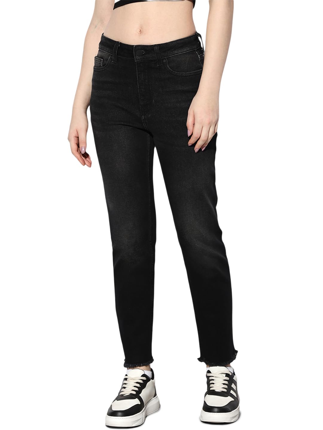 ONLY Women Cotton Blend Stretchable Mid-Rise Slim Fit Black Jeans
