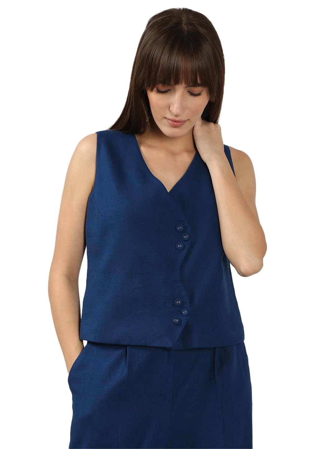VERO MODA Women's Linen Regular Fit Blue Top