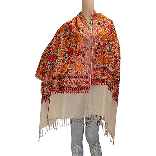 HAUTEMODA Women's Pashmina Stole With Floral Embroidery All Over (Ad002Msbg14_Beige_28" X80)