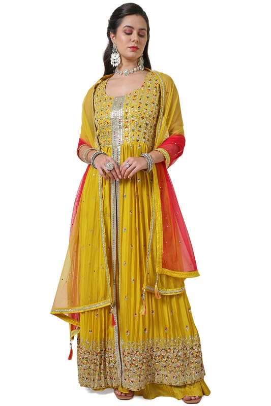 Soch Womens Yellow Sequin Embellished Georgette Blend Ethnic Gown