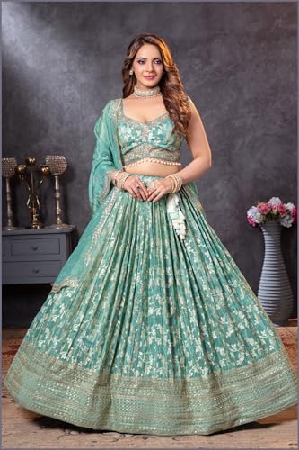 ADHIA Women's Embroidered Lehenga Choli with Dupatta | Silk Blend Wedding Lehenga Set | Traditional Indian Dress (Lehenga, Dupatta, Blouse, Light Green, Size - L)