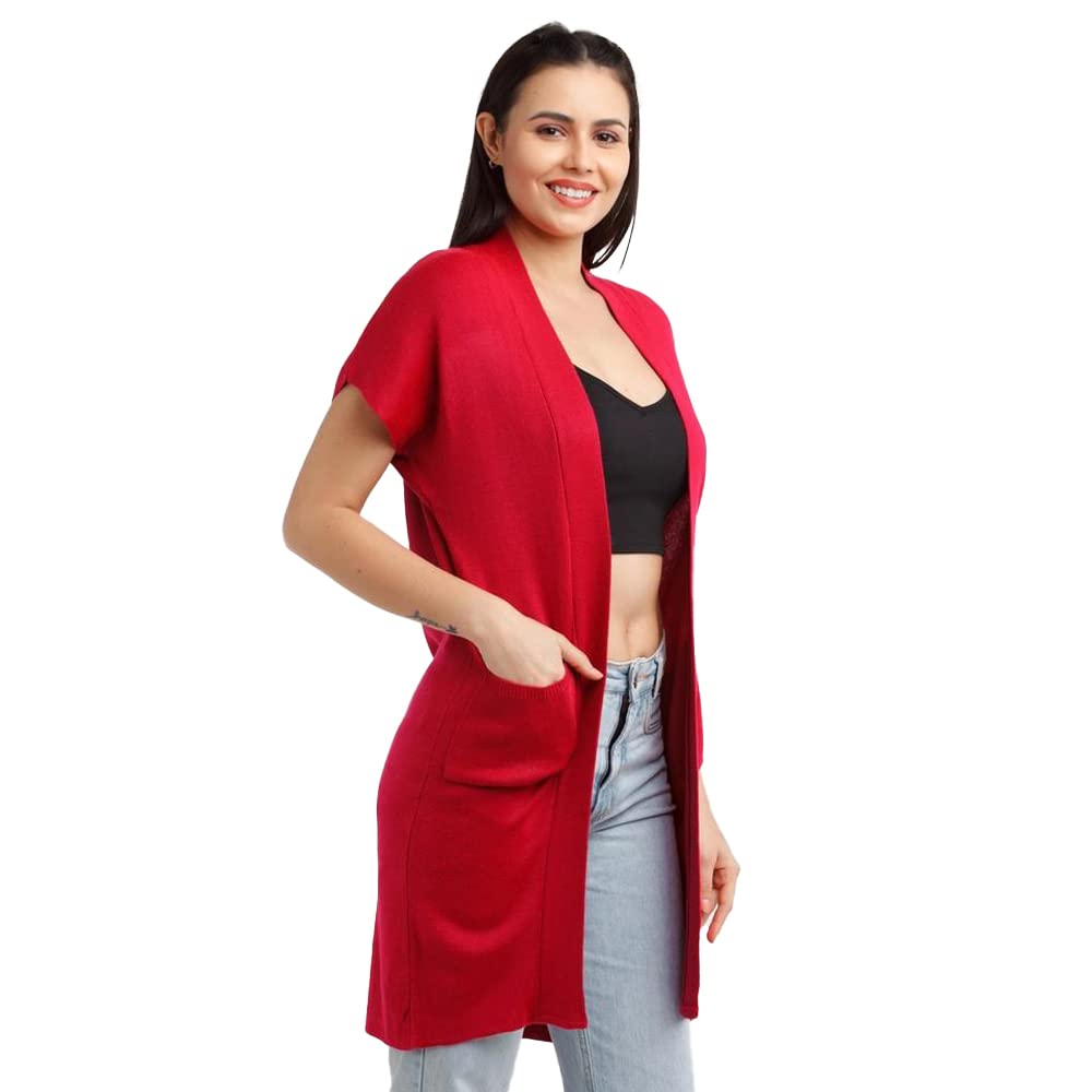 Zink London Women's Red Solid Kimono Sleeve Straight Shrug