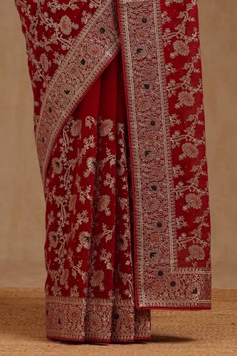 Soch Womens Fuchsia Georgette Embroidered Saree With Stone Work