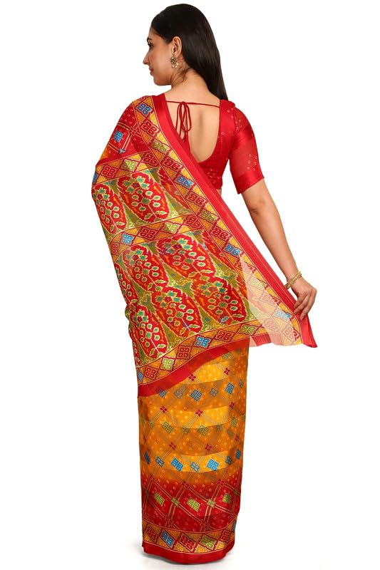 Soch Womens Mustard Chiffon Bandhani Print Saree