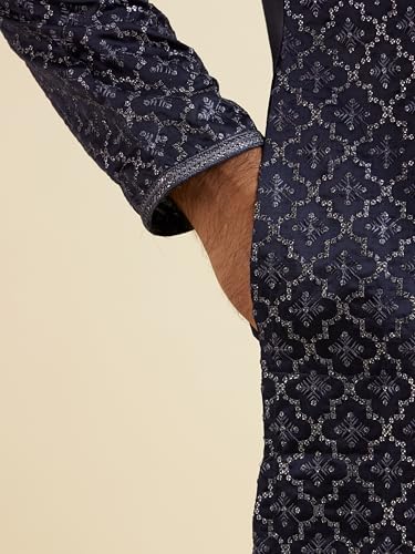 Manyavar Men's Satin Embroidered|Sequins Kurta Pyjama Set (Blue,XL)