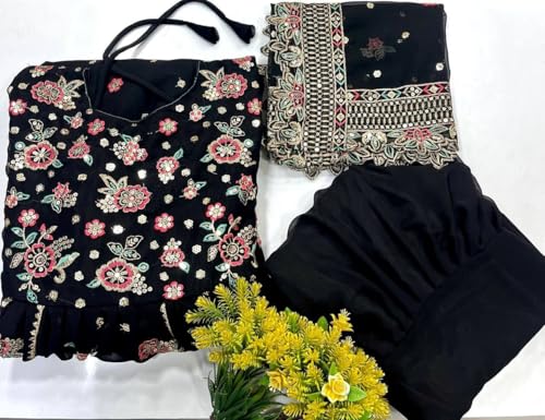 styledaura Embroidered Anarkali Gown with Dupatta and Pant | Floral Georgette Silk Fully Stitched Ethnic Suit for Women | Ethnic Wear Designer Anarkali Dress Set (Size-2XL, Black)