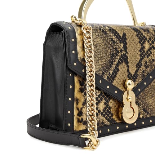 Da Milano Leather Satchel Bag for Women - Beige & Black (LB-02392)