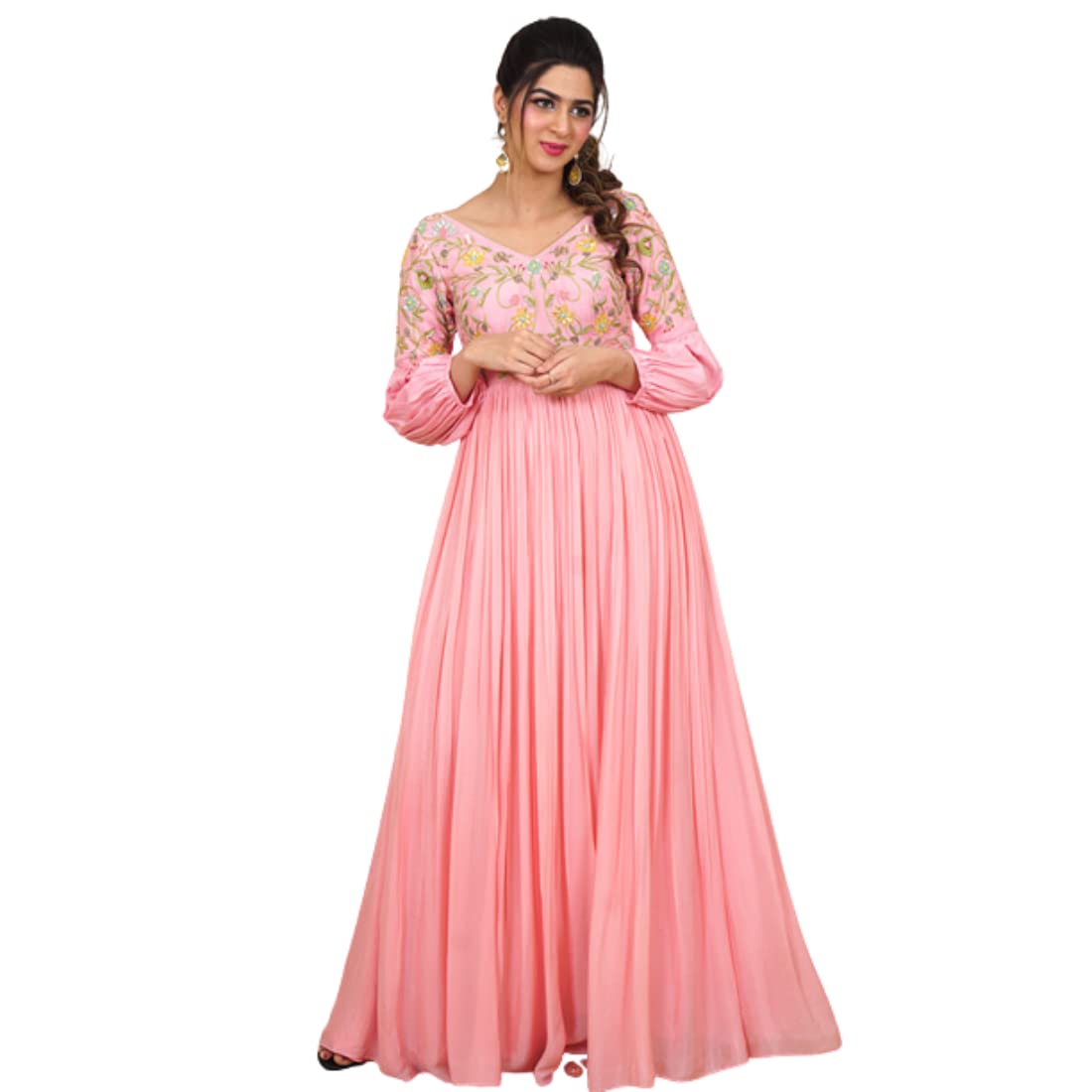 Avy's Label Chiffon Long Frock Baby Pink Maggam Work Lining Attached (Baby Pink, 38)