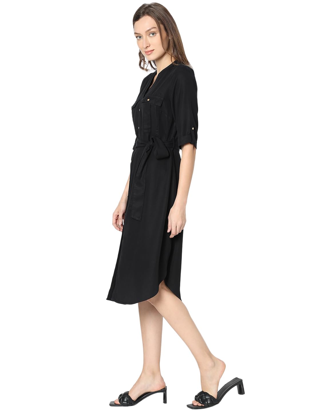 Vero Moda Women's Polyester Blend Classic Below The Knee Dress (10319956-Jet Black_Jet