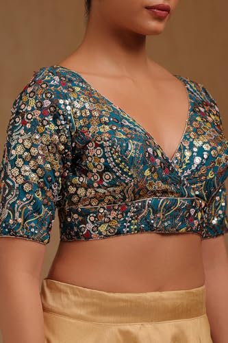 Soch Womens Turquoise Blue Georgette Embroidered Padded Blouse with Sequins