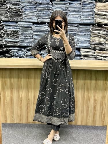 Women's Anarkali Kurta Set with Dupatta, Bandhani Print, 3-Piece Ethnic Suit (IN, Alpha, M, BLACK)