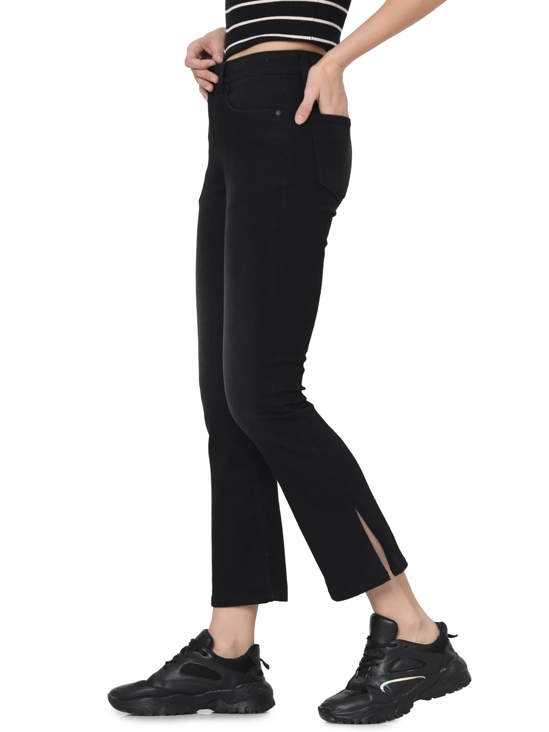 VERO MODA Women Solid Black Cotton Boot Cut Mid Rise Jeans