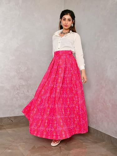 Aaheli Women’s Printed Bandhani Shirt and Skirt Set | Laasya Ethnic Co-Ord Set with Long Shirt and Flared Maxi Skirt | Traditional Festive Occasion Wear Outfit | White & Pink