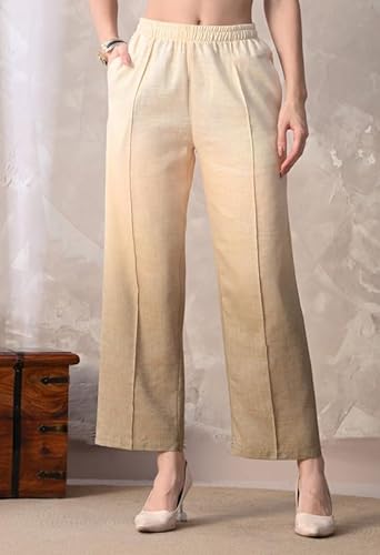 KIZA Women Beige Linen Co-ord Set Sleeveless Tunic Top with Belt & Straight Pants | Breathable Summer Wear Stylish Cord Set | Casual Office Wear Two Piece Outfit for Women