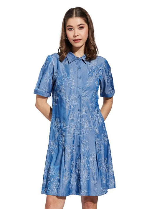 Latin Quarters Women Blue Collar Neck Half Sleeve Printed Shirt Dress_S