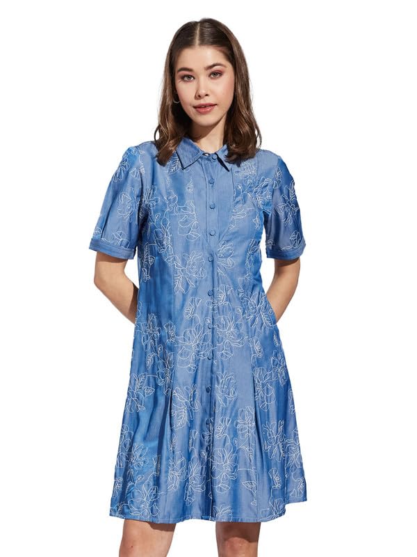 Latin Quarters Women Blue Collar Neck Half Sleeve Printed Shirt Dress_L