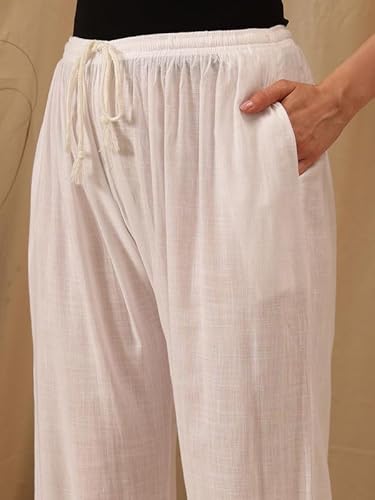 Ada Lucknowi Chikankari Hand Embroidered Cotton Linen Straight Pant Palazzo for Women A711181 White (2XL)