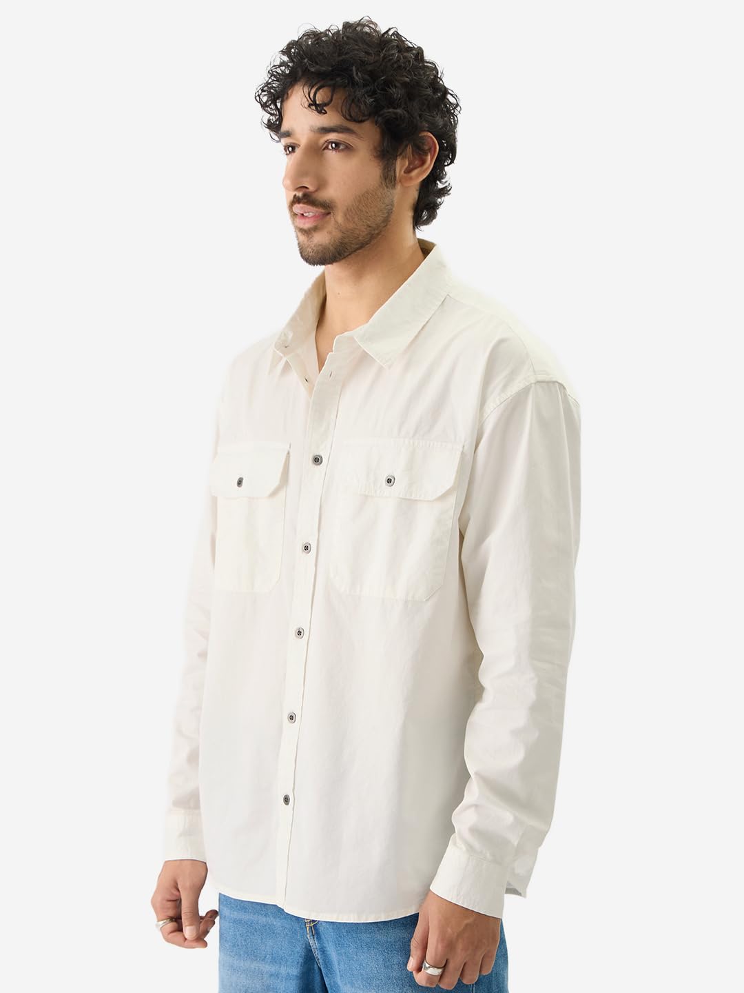 The Souled Store Solids Off White Long Sleeve Collared Cotton Utility Shirts for Mens & Boys- Regular Fit with Classic Style