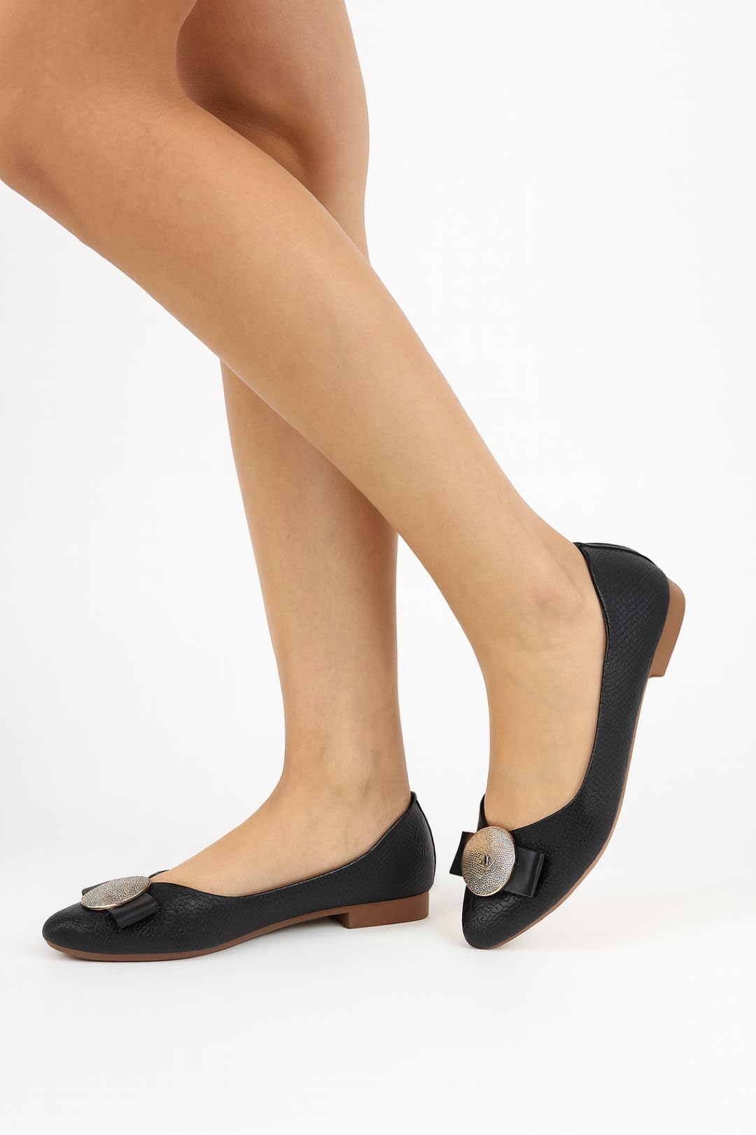 GLEMATOZ Women's Black Ballet Flats – Textured Slip-On Bellies with Decorative Bow & Gold Button | Elegant Casual & Office EU40