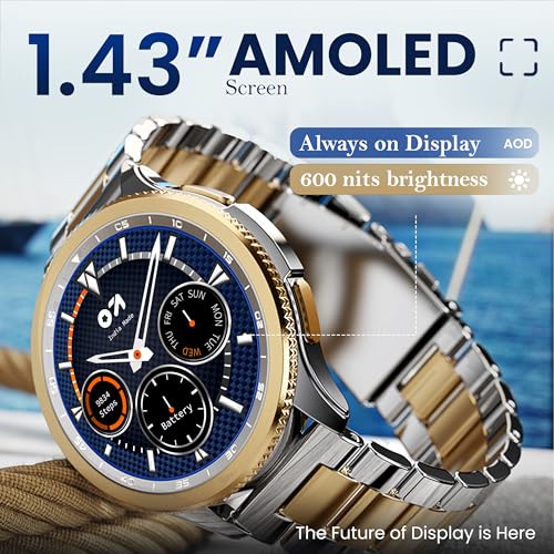 GOBOULT Pyro Smartwatch 1.43'' AMOLED Screen, BT Calling 5.3, 600 Nits Brightness, IP68, 150+ Watchfaces, 120+ Sports Modes, AI Voice Assistant, SpO2 Monitoring (Gold Silver)
