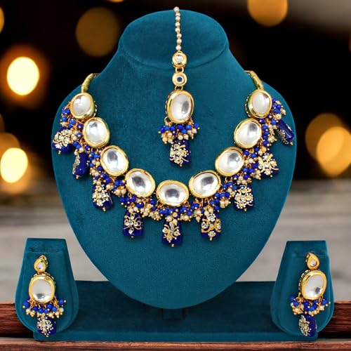 Lucky Jewellery 18K Gold-Plated Back Meenakari Kundan Necklace | Elegant Blue Color Necklace Set for Women & Girls (1110-J5SK-1633-B)