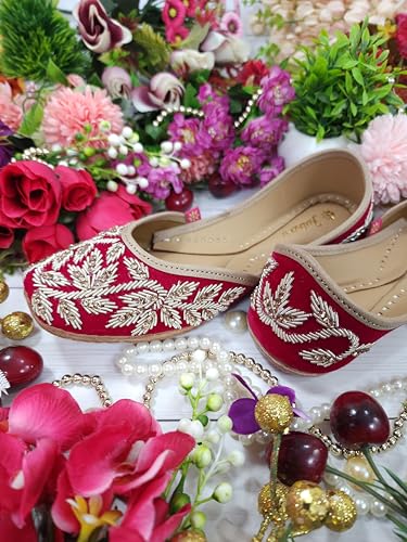 Fulkari Women Iris Velvet Magenta Gold Formal Genuine Soft Leather Jutis | Bite and Pinch Free Juttis | Punjabi Jutti | Girl's Wedding Flat Ladies Mojari Ethnic Juti | 42