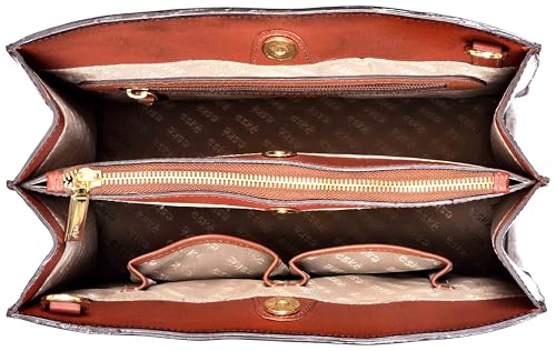 eske Noah Compact Croco Leather Handbag for Women | Italian Leather Satchel with Slider Clasp | 3 Compartments, Zipper & Slip Pockets | Removable Strap & Handles | Small Designer Office Bag (Dark Tan)
