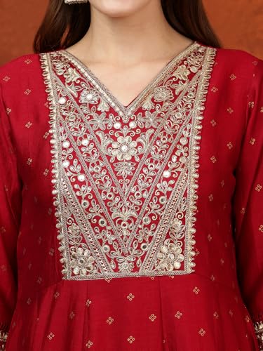 NIVANA Embroidered Anarkali Kurta with Pant & Bandhni Printed Dupatta | XL | Maroon | V-Neck | 3/4 Sleeves