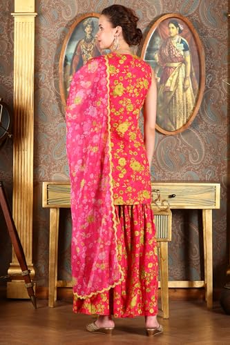 W for Woman Pink Floral Printed Sleeveless Short Kurta, Sharara and Dupatta Set (Size: XL)-24AUWS11567-124154